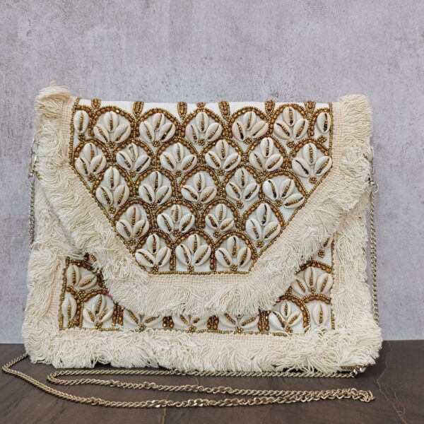 Handwoven Off White Boho Bag Gold Embellished